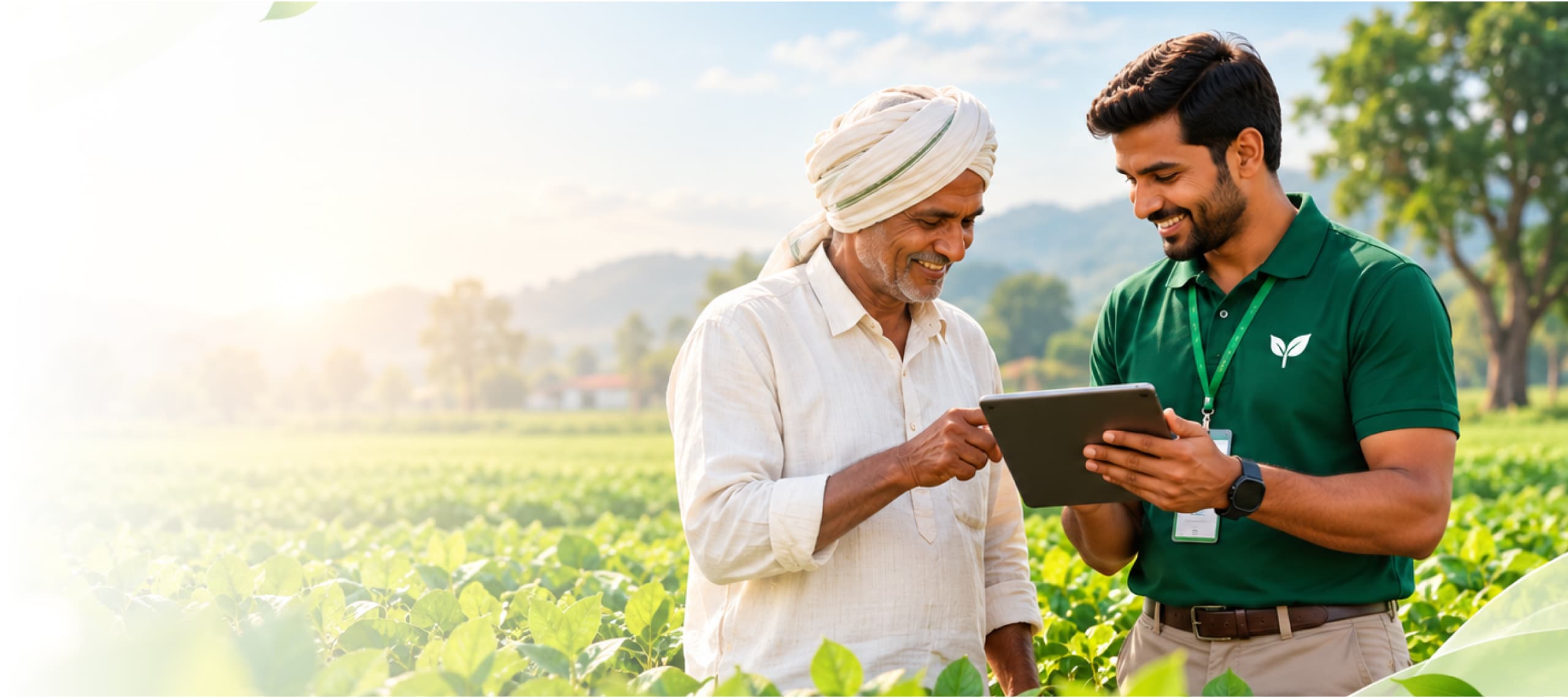 Agricultural field background with farmer and sales representative